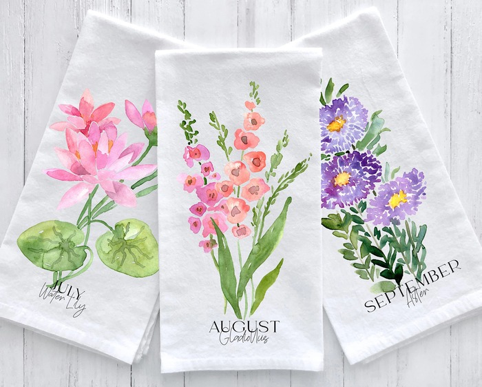 Christmas Gift Ideas For Grandma - Birth Month Flower Tea Towels