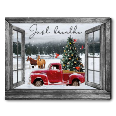 Christmas Canvas Faux Window Gorgeous Winter Scene with Red Truck Canvas Print