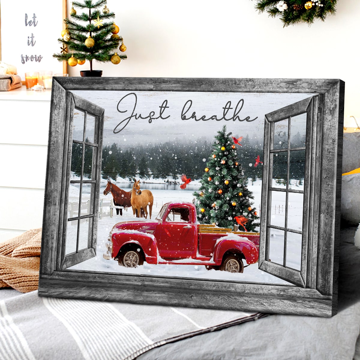 Christmas Window Decoration in Red with Wood | Large Canvas Art Print | Great Big Canvas