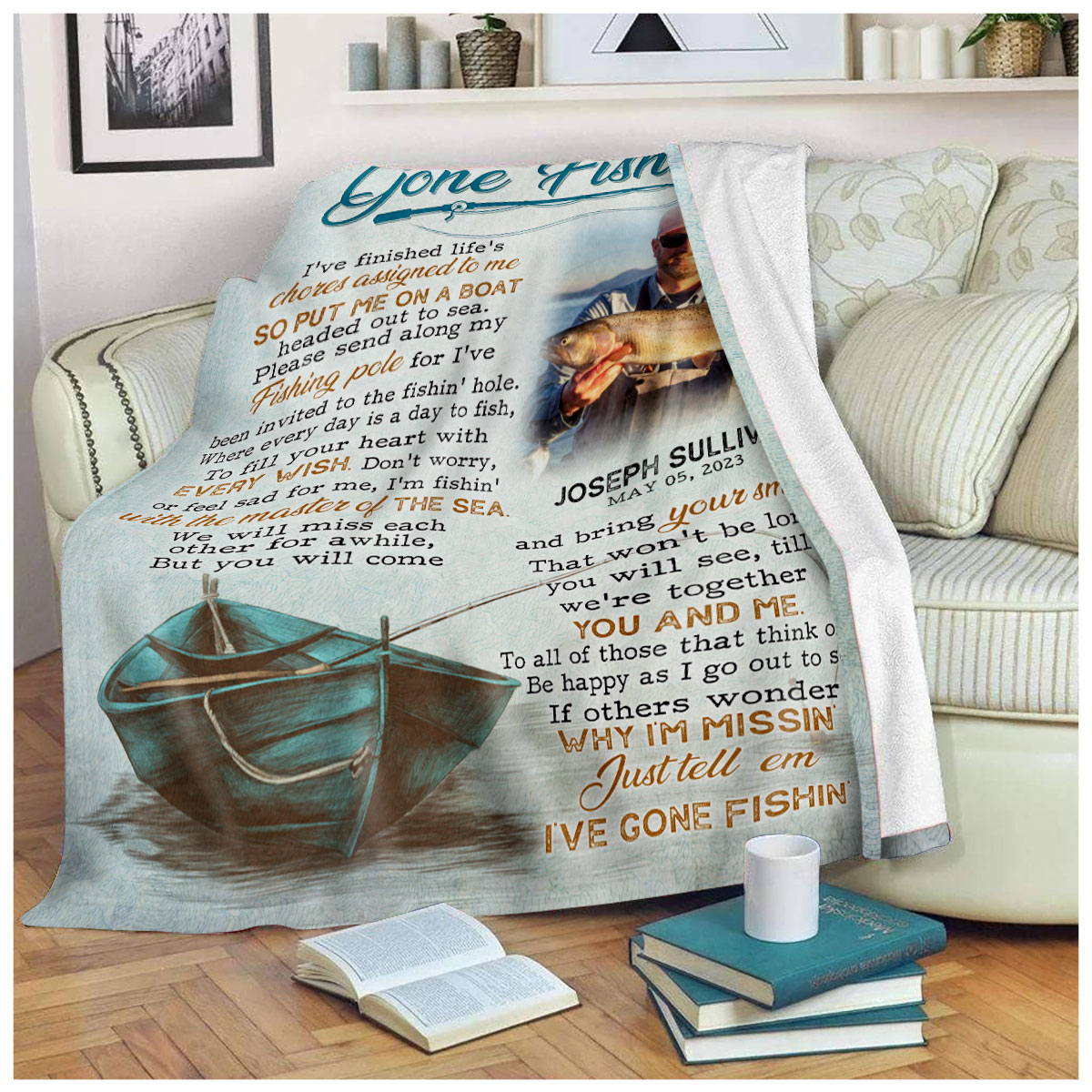 Personalized Gone Fishing Memorial Blanket Sympathy Gift For Loss