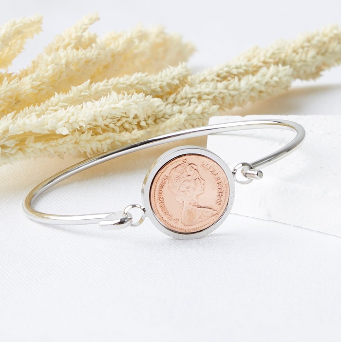 Women'S Day Gift For Wife - 1982 Half Penny Coin Bangle Bracelet