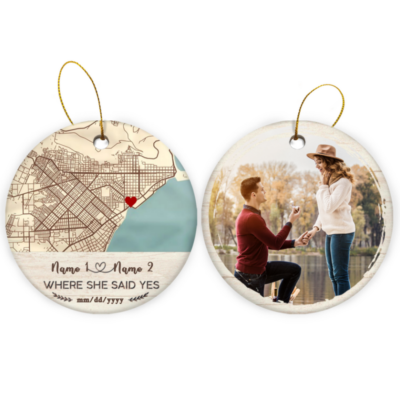 Christmas Newly Engaged Couple Personalized Map Ceramic Ornament