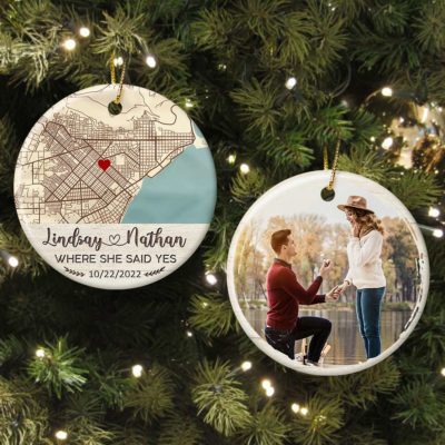 Christmas Newly Engaged Couple Personalized Map Ceramic Ornament