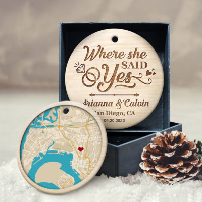 Unique Newly Engaged Couple Gift Custom Map Christmas Ornament 01