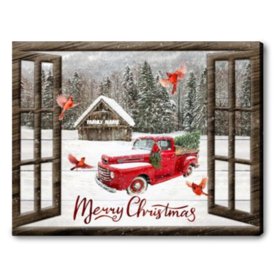 Red Truck Christmas Canvas Print Custom Family Name Xmas Decor Gift