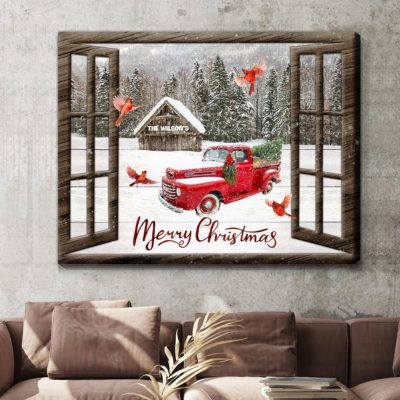 Red Truck Christmas Canvas Print Custom Family Name Xmas Decor Gift