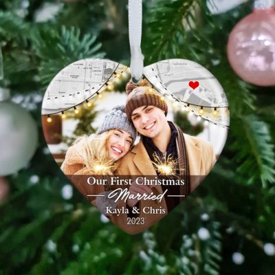 First Christmas Married Gift Idea Personalized Photo And City Map Ornament