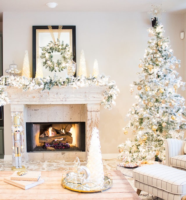 White, Gold, Blue Christmas Mantel - x mas decoration ideas