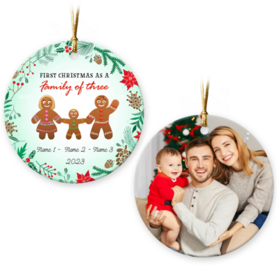 First Christmas Family Of Three Custom Photo Ceramic Ornament