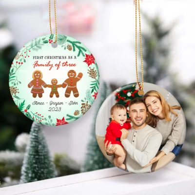 First Christmas Family Of Three Custom Photo Ceramic Ornament