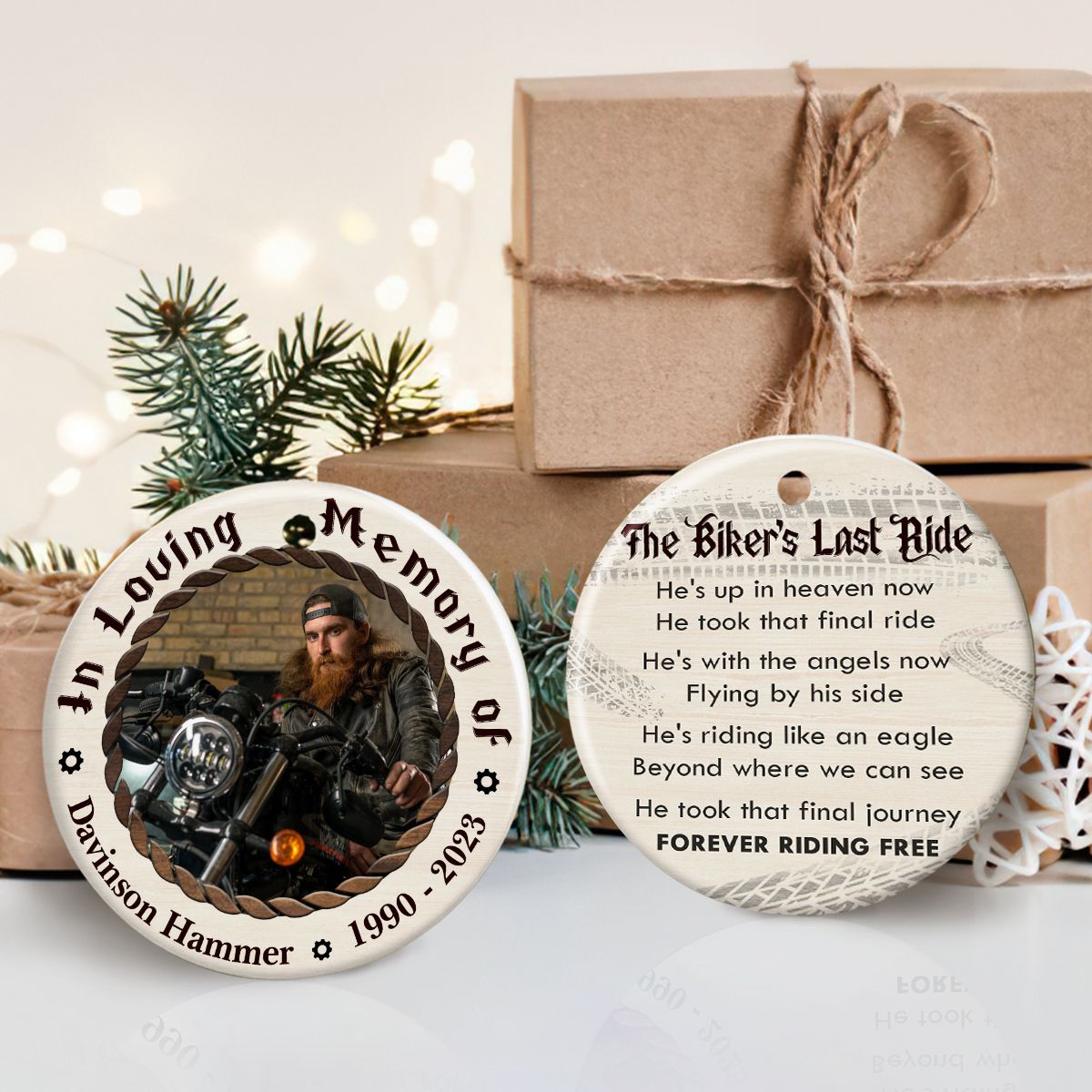 Unique Gift For Loss Of Biker Custom Photo Memorial Ornament Oh