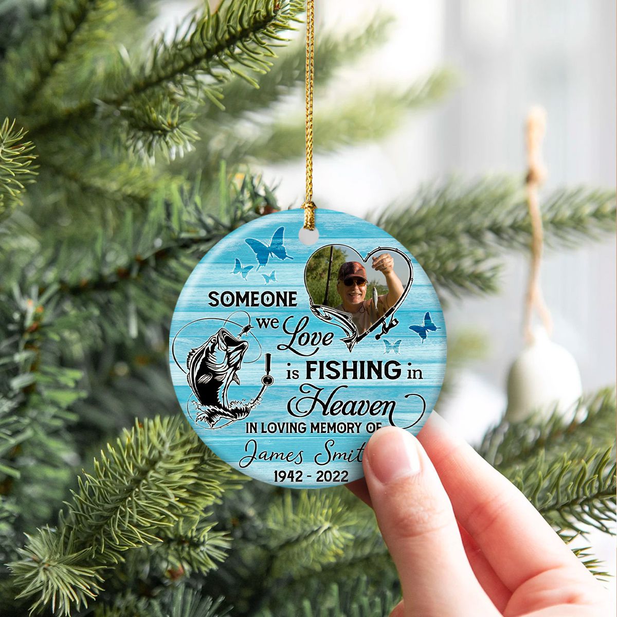 Memorial Gifts, Personalized Memorial Ornament, Fishing in Heaven Fishermen  with Wings at Dock, Gifts for Loss of Dad Grandpa, Xmas Tree Decoration