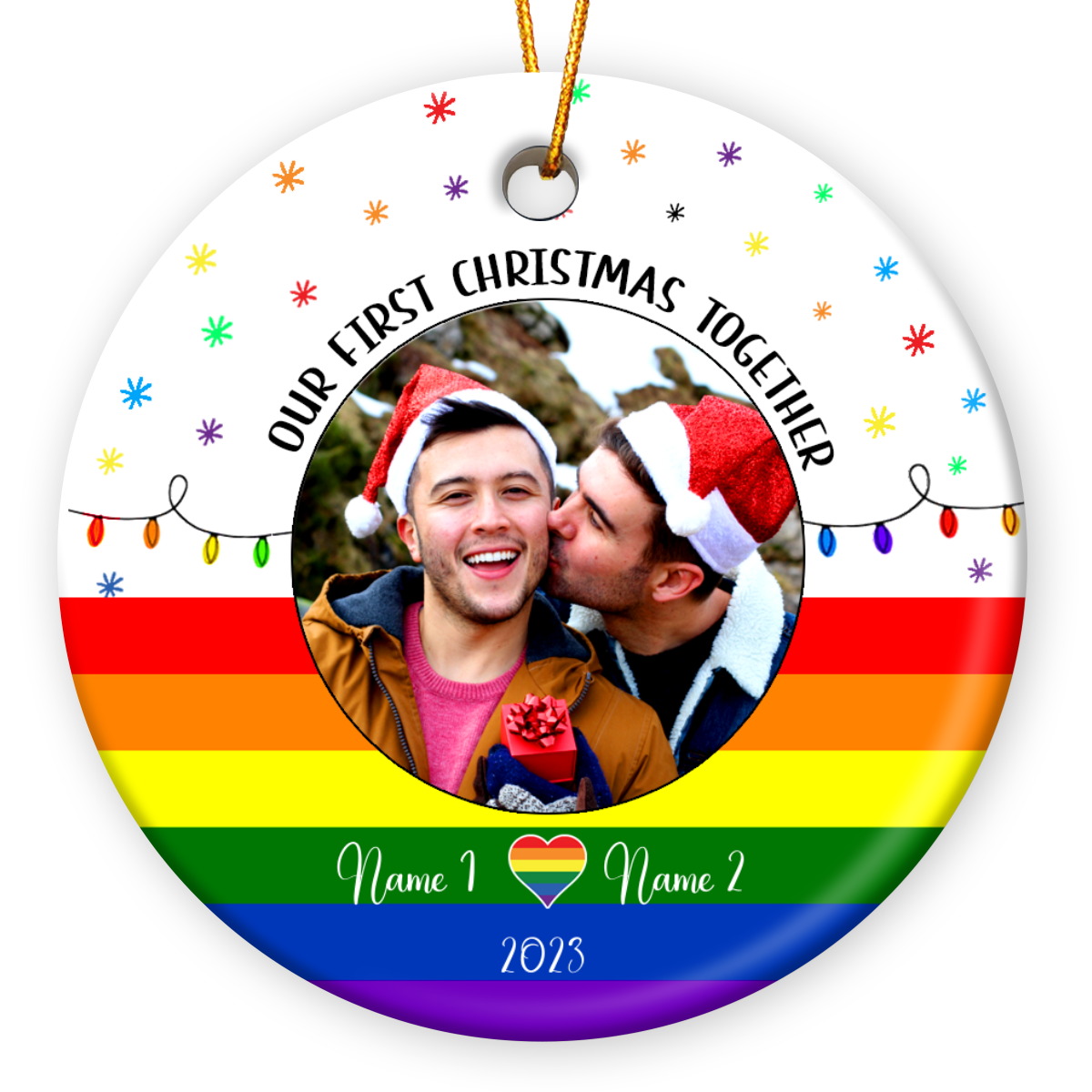 Custom Couple Gay Rainbow Gift LGBT Christmas Ceramic Ornament - Oh Canvas