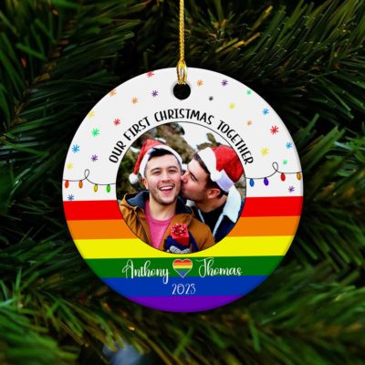 Custom Couple Gay Rainbow Gift LGBT Christmas Ceramic Ornament