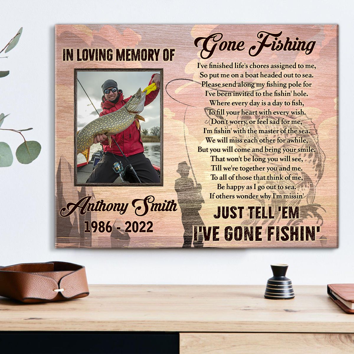 Custom Memorial Gone Fishing Canvas Sympathy Gift For Fisherman