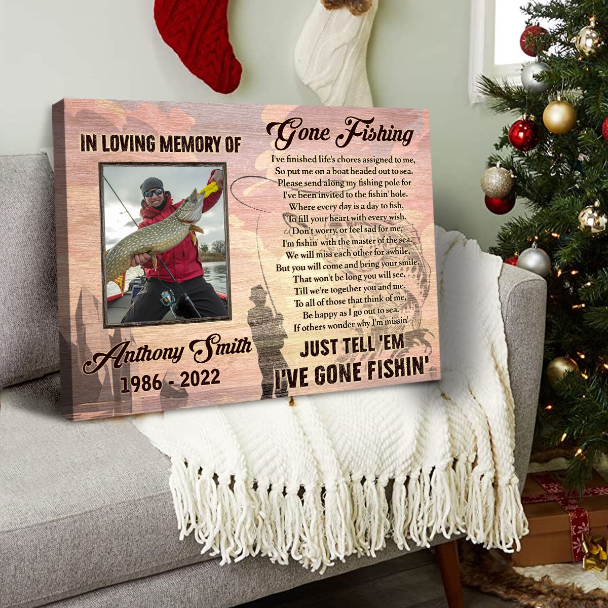 Custom Memorial Gone Fishing Canvas Sympathy Gift For Fisherman