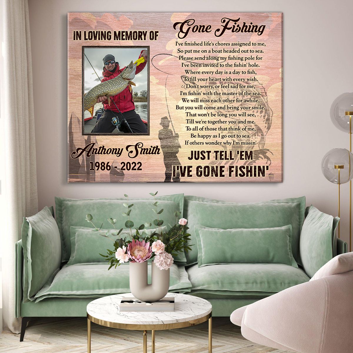 Fishing in Heaven Memorial Canvas | Personalized Gone Fishing Memorial |  Gone Fishing Sympathy Photo Gift | Grandpa Dad Memorial - Framed Canvas
