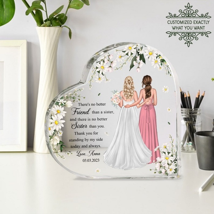 Personalized Sister of the Bride Heart Acrylic Plaques as unique wedding gift ideas for sister