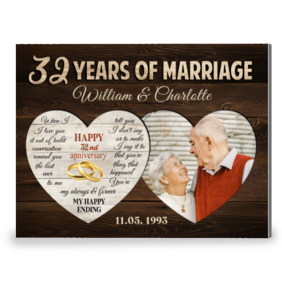 32 Years Of Marriage Two Heart-Shaped Anniversary Canvas Photo Print For Couple