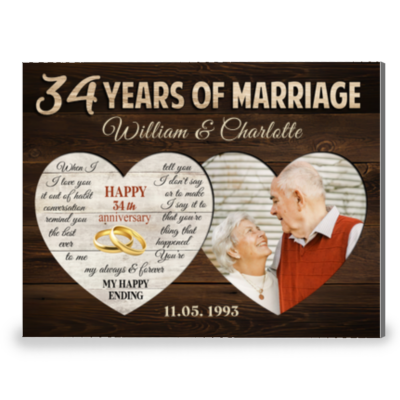 34 Years Of Marriage Two Heart-Shaped Anniversary Canvas Photo Print For Couple