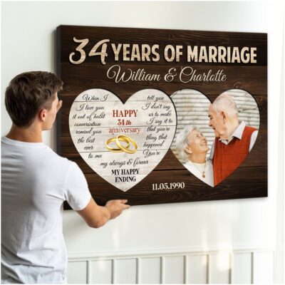 34 Years Of Marriage Two Heart-Shaped Personalized Canvas Photo Print For Couple