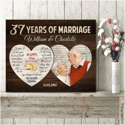 37 Years Of Marriage Two Heart-Shaped Personalized Canvas Photo Print For Couple