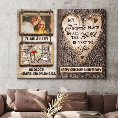 My Favorite Place Custom Map And Photo Happy 34th Anniversary Canvas Print Gift For Couple