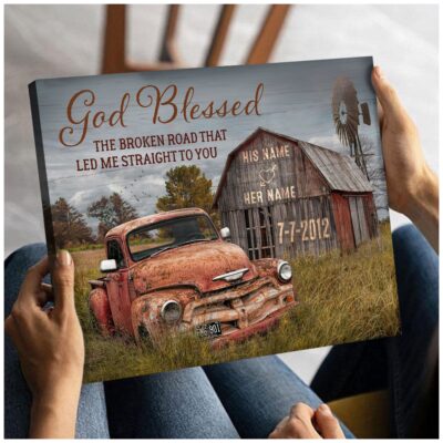 God Blessed The Broken Road Old Barn and Vintage Vehicle Canvas Wall Art Print