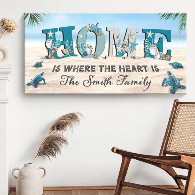 Home Is Where The Heart Is Beach And Turtles Lovely Family Gift Personalized Names Canvas Print