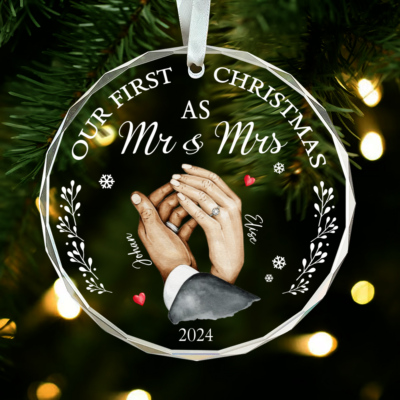 Our First Christmas Engaged Married - Gift For Couple Personalized Custom Glass Ornament