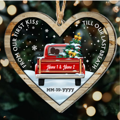 Personalized Christmas Gift For Couple Red Truck 2-Layered Wooden And Acrylic Ornament