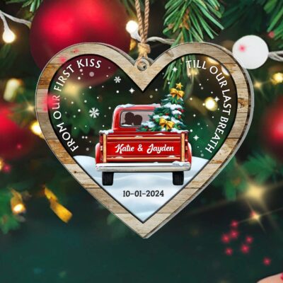 Personalized Christmas Gift For Couple Red Truck 2-Layered Wooden And Acrylic Ornament