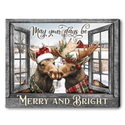 Merry And Bright Farmhouse Christmas Moose Canvas Wall Art