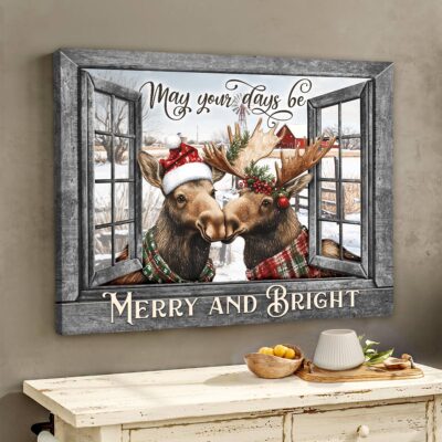 Merry And Bright Farmhouse Christmas Moose Canvas Wall Art