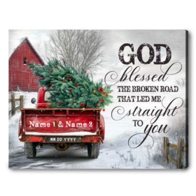 Customized Xmas Couple Gift Christmas Red Truck Snowy Canvas Print