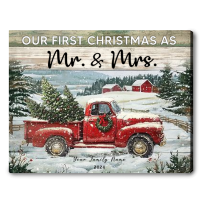 Personalized Christmas Red Truck Gift Married Couple Canvas Decor Wall Art