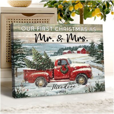 Personalized Christmas Red Truck Gift Married Couple Canvas Decor Wall Art