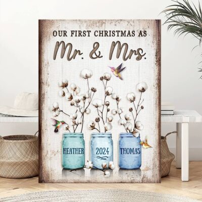 First Christmas Couple Gift Personalized Newlyweds Canvas Wall Art