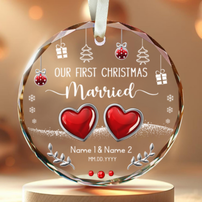 First Christmas Gift For Newlyweds Custom Couple Name Glass Ornament