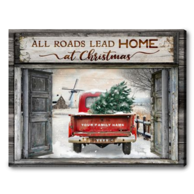 Personalized Family Christmas Decor Gift Red Truck All Roads Lead Home Canvas Print