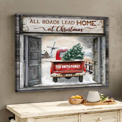 Personalized Family Christmas Decor Gift Red Truck All Roads Lead Home Canvas Print