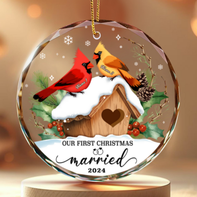 Unique Cardinal Couple Wedding Gift Personalized 1st Christmas Married Glass Ornament