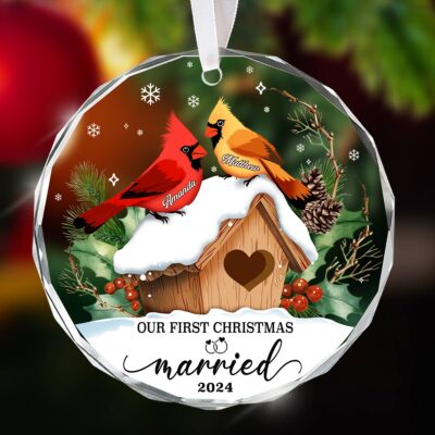 Unique Cardinal Couple Wedding Gift Personalized 1st Christmas Married Glass Ornament