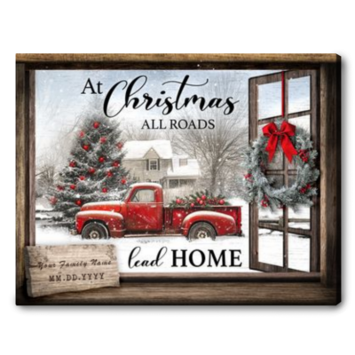 Custom Family Christmas Gift Window Red Truck Canvas Wall Art