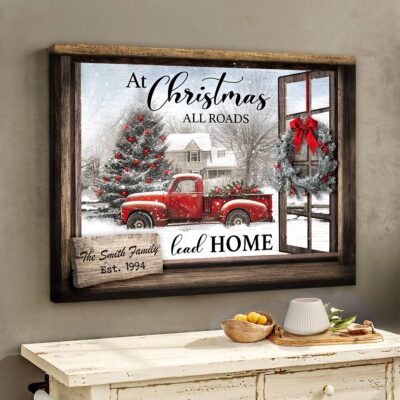 Custom Family Christmas Gift Window Red Truck Canvas Wall Art