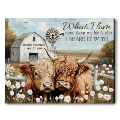 Farmhouse Highland Cow Wall Art Personalized Couple Anniversary Decor Gift