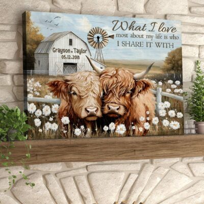 Farmhouse Highland Cow Wall Art Personalized Couple Anniversary Decor Gift