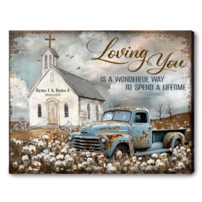 Vintage Farmhouse Church Art Custom Couple Name Canvas Wall Art