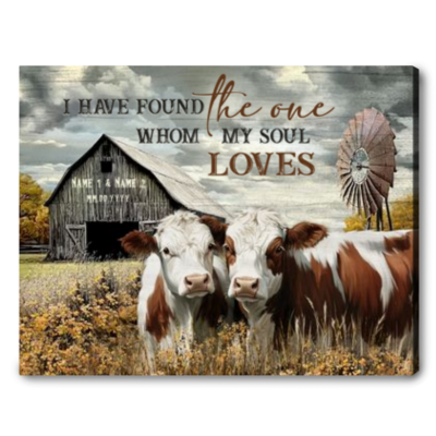 Rustic Old Barn Couple Hereford Cattle Farmhouse Art Custom Couple Name Canvas Print