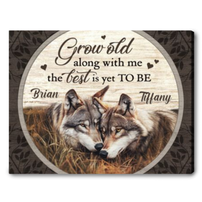 Grow Old Along With Me - Rustic Wolf Couple Personalized Anniversary Canvas Wall Art